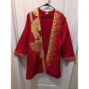 Vtg. Rainbow Dashiki Coat Jacket Red Gold Embroidery Long Sleeve One Size Unisex